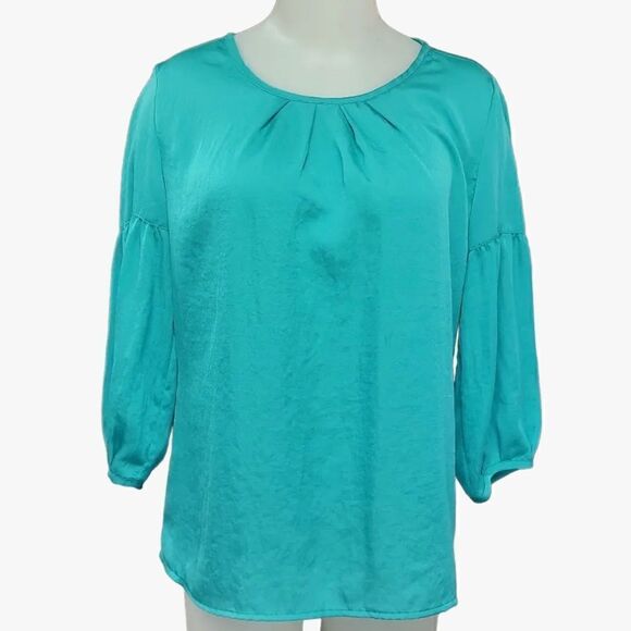 TALBOTS TEAL PLEATED 3/4 SLEEVE BLOUSE - M - Like New - Picture 2 of 8